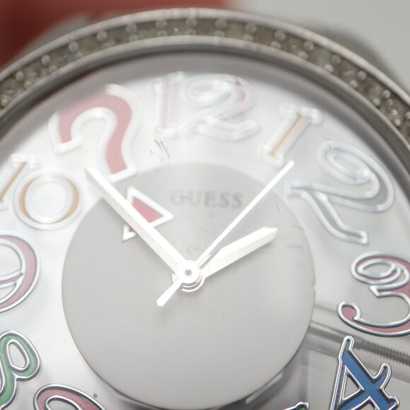 Guess Clear Dial Multicolor Numbers 45mm Watch White Leather with New Battery - Picture 8 of 16